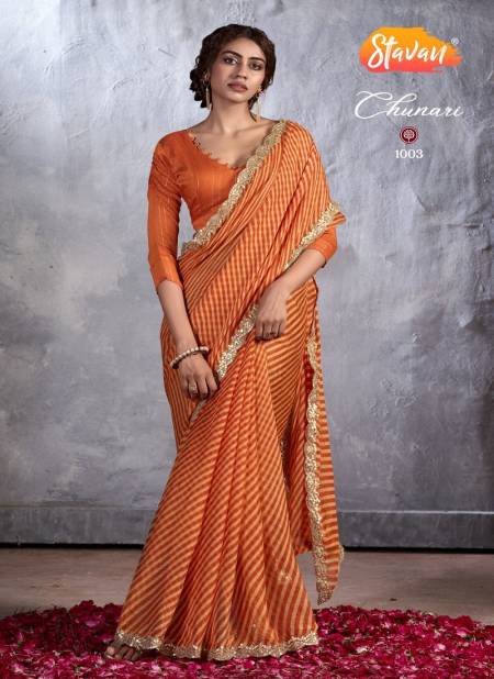 Orange Colour Chunri By Stavan Designer Chiffon Embroidery Sarees Wholesale Price In Surat 1003