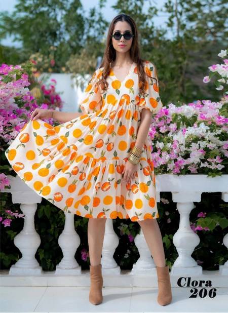 Orange Colour Clora vol 2 By Lucaya Beautiful Printed Flair Rayon Ladies One Piece Western Dress Manufacturers Clora 206