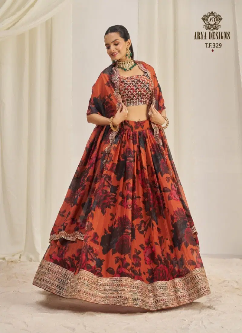 Orange Colour Floral Vol 9 By Arya Designs Organza Lehenga Choli Exporters In India T.F.329