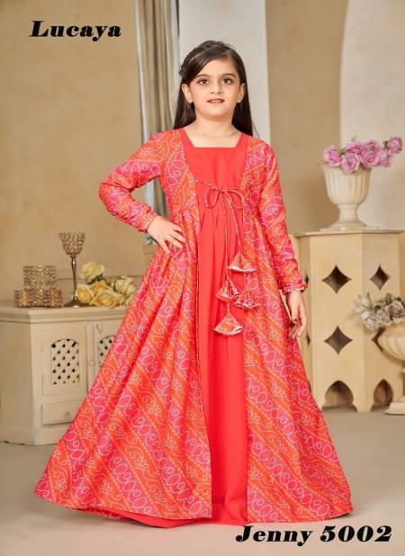Orange Colour Jenny Vol 5 By Lucaya 5001 To 5004 Kids Wear Printed Heavy Rayon Girls Gown Wholesale Market In Surat 5002
