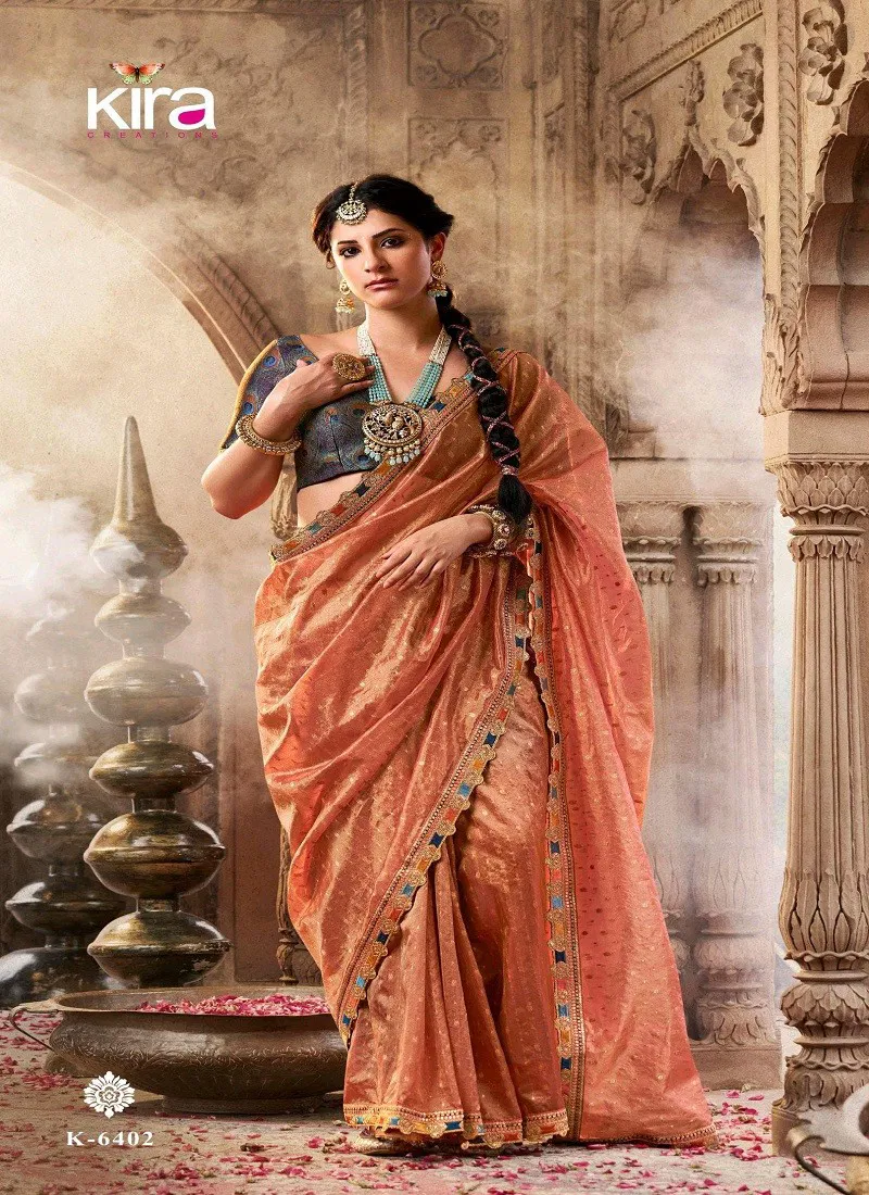 Orange Colour Kavyasachi By Kira Tissue Wedding Wear Saree Suppliers In India K-6402