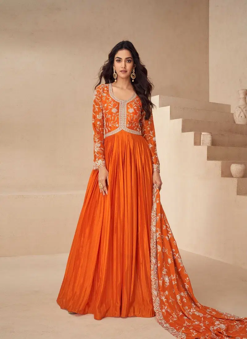 Orange Colour Kesariya By Aashirwad Chinon Silk Gown With Dupatta Exporters In India 10143