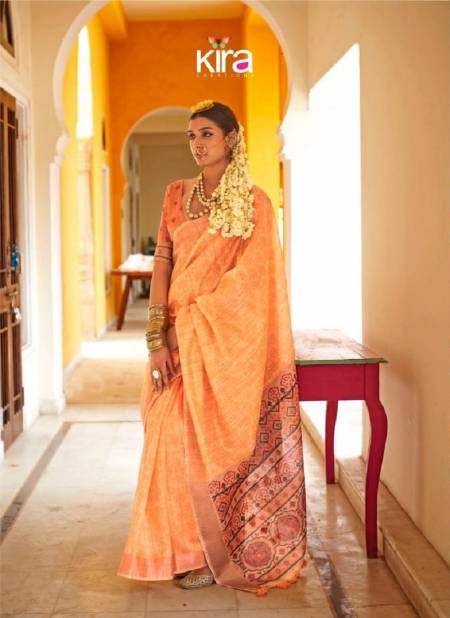 Orange Colour Kinaara By Kira Tusser Linen Saree Wholesalers In Delhi 3209