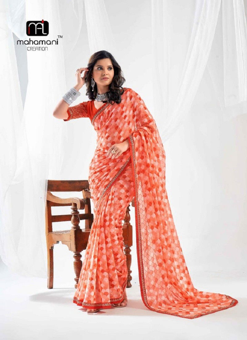 Orange Colour Kum Kum By Mahamani Creation Heavy Printed Sarees Wholesale Manufacturers 1012