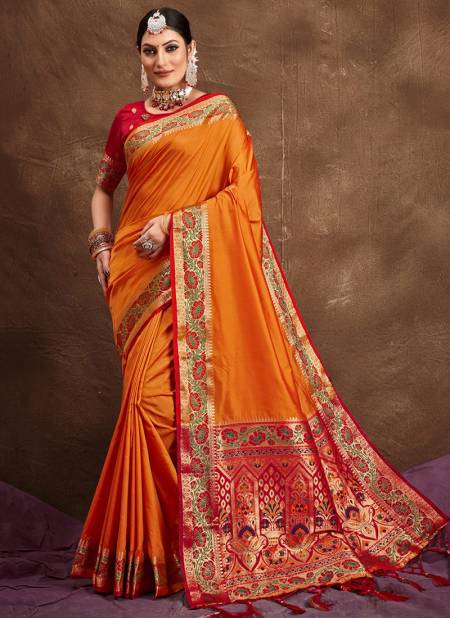 Orange Colour Mayuri Silk By Sangam 1001 To 1006 Banarasi Silk Sarees Catalog 1006