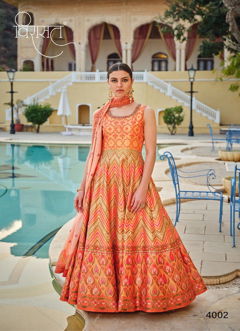 Orange Colour Peshwani By Virasat Cherry Silk Printed Wedding Wear Gown With Dupatta Suppliers In India 4002