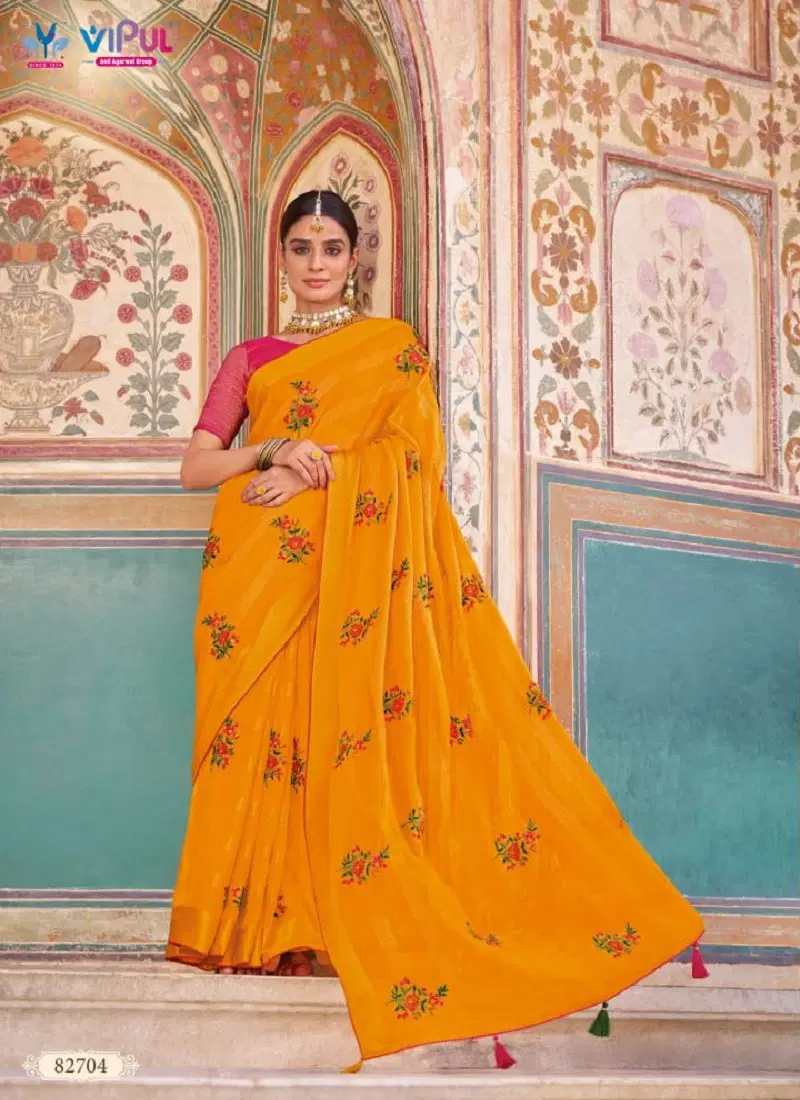 Orange Colour Raj Rani Vol 2 By Vipul Weaving Chiffon Saree Surat Wholesale Market 82704