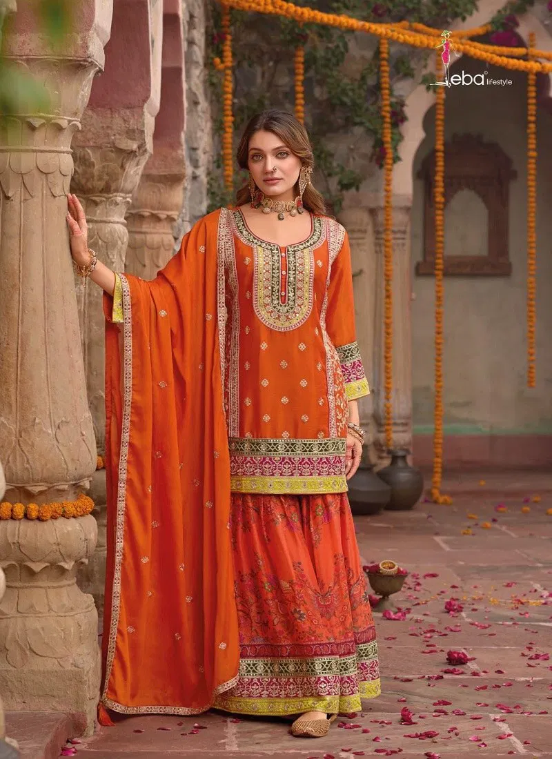 Orange Colour Rang 2 By Eba Chinon Wedding Sharara Suits Wholesale Price In Surat 1826