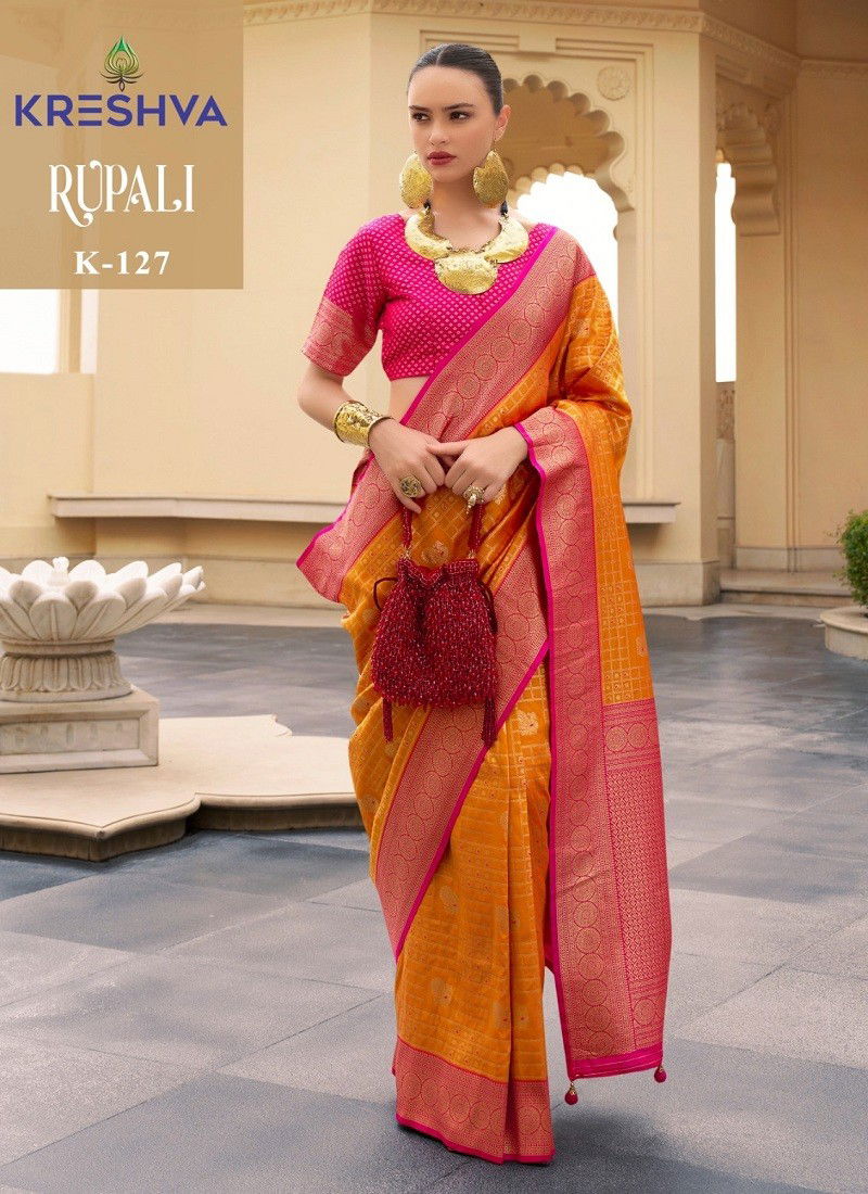 Orange Colour Rupali By Kreshva Banarasi Silk Printed Wholesale Saree Suppliers In Mumbai K-127