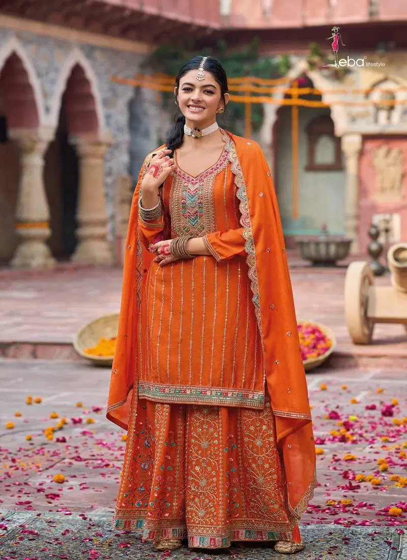 Orange Colour Sehenaaz By Eba Chinon Embroidered Ready Made Suits Suppliers In India 1795