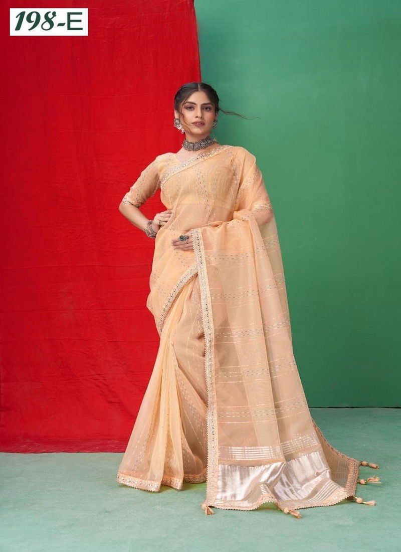 Orange Colour Sumitra 198 A To 198 F Organza Lining With Coding Jari Work Border Saree Manufacturers 198 E