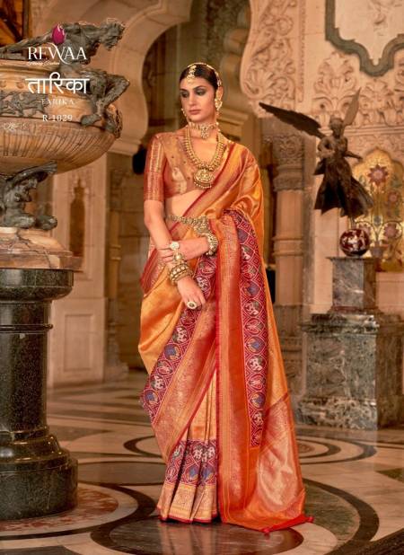 Orange Colour Taarika By Rewaa Banarasi Silk With Zari Weaving Designer Saree Catalog R 1029