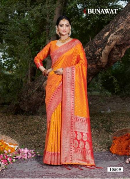 Orange Colour Urvashi Silk By Bunawat Banarasi Silk Printed Saree Wholesale Market In Surat With Price 10509