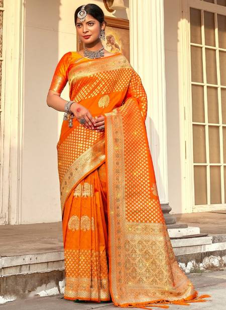Orange Colour Varlaxmi Sangam Wedding Wear Wholesale Banarasi Silk Sarees Catalog 1002