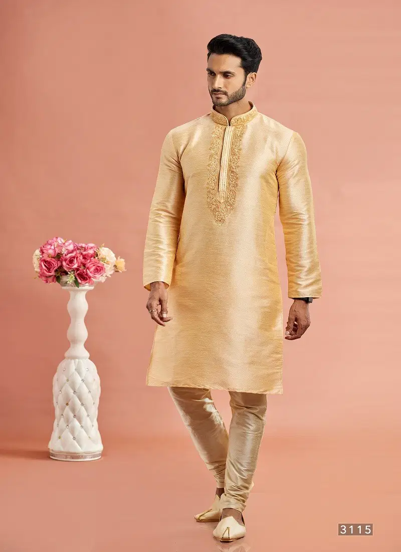 Orange Colour Vol 95 Wedding Wear Banarasi Art Silk Mens Kurta Pajama Surat Wholesale Market 3115