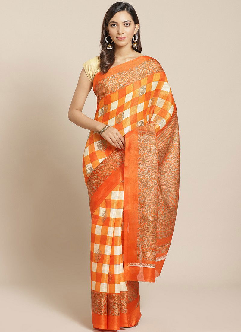 Orange Daily Wear Pinted Bhagalpuri Saree 92