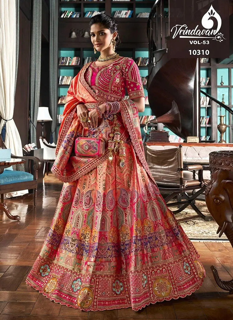 Orange Multi Colour Royal Vrindavan Vol 53 Banarasi Silk Bridal Lehenga Choli Orders In India 10310