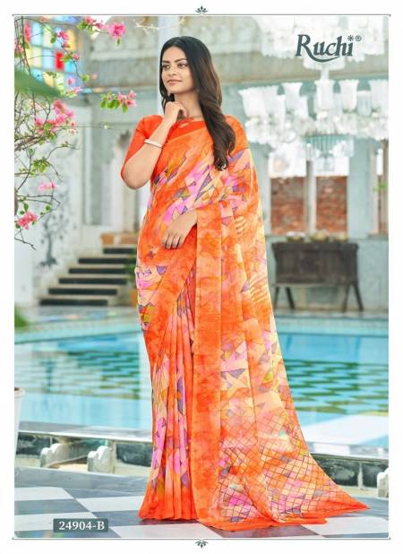 Orange Multi Colour Star Chiffon 122 By Ruchi Daily Wear Sarees Wholesale Price In Surat 24904-B