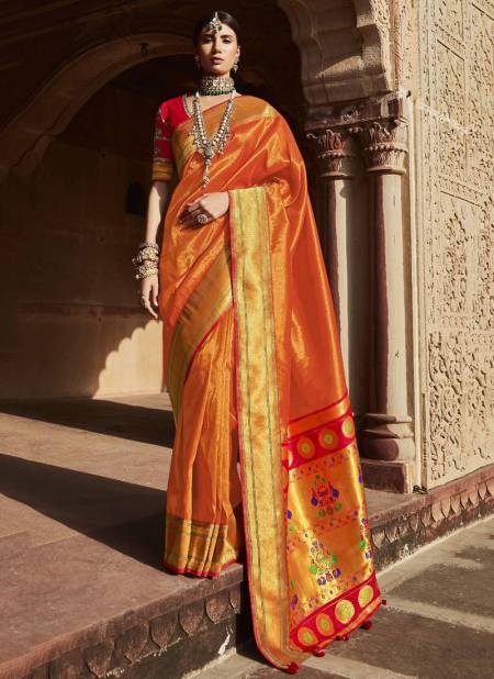 Orange Sunehri Paithani Wholesale Designer Silk Sarees Catalog 1375