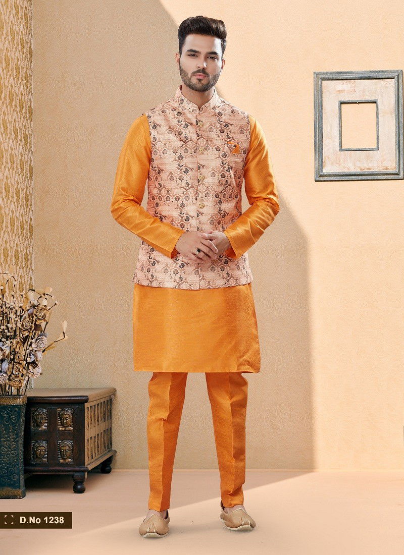 Orange Vol 15 Wedding Wear Mens Modi Jacket Kurta Pajama Surat Wholesale Market 1238