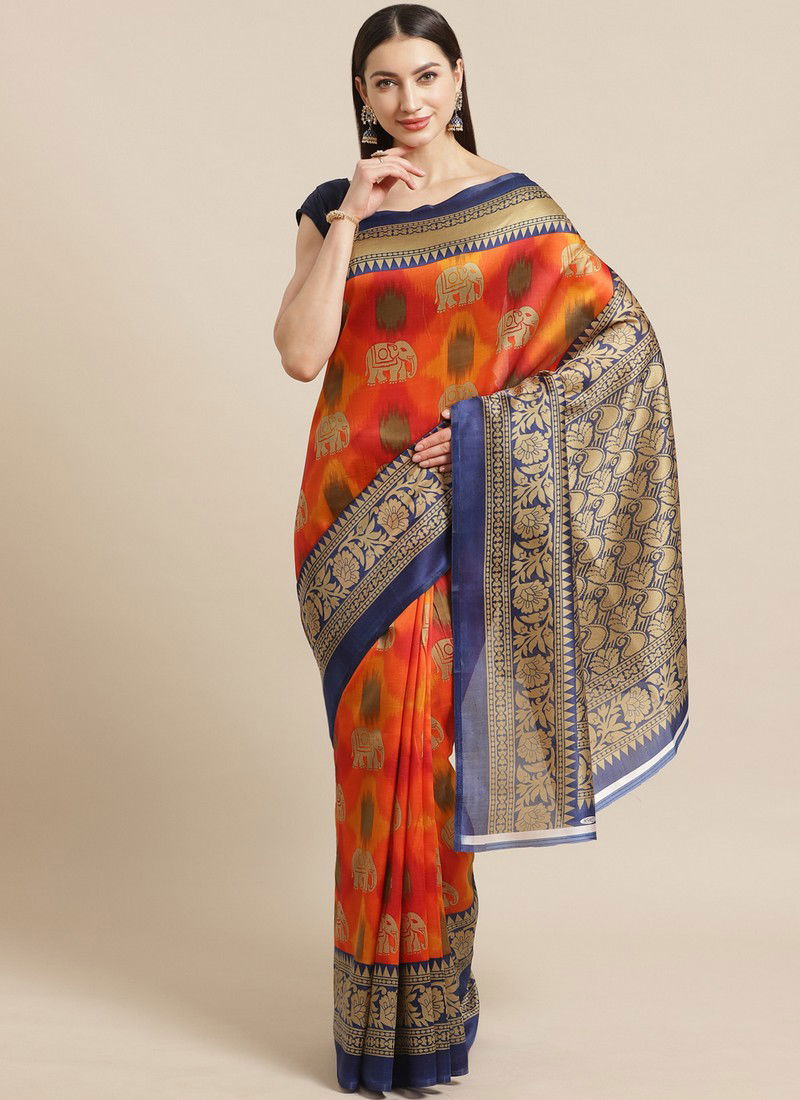 Orange and Black Daily Wear Pinted Bhagalpuri Saree 75