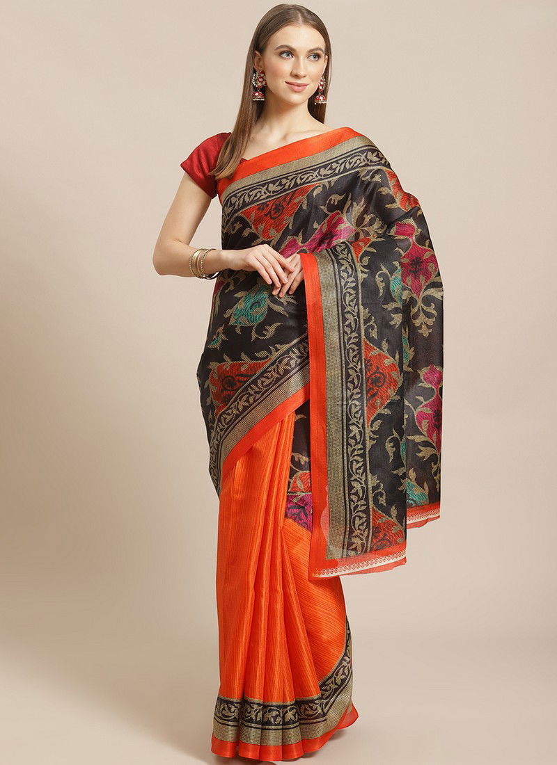 Orange and Blue Daily Wear Pinted Bhagalpuri Saree 79