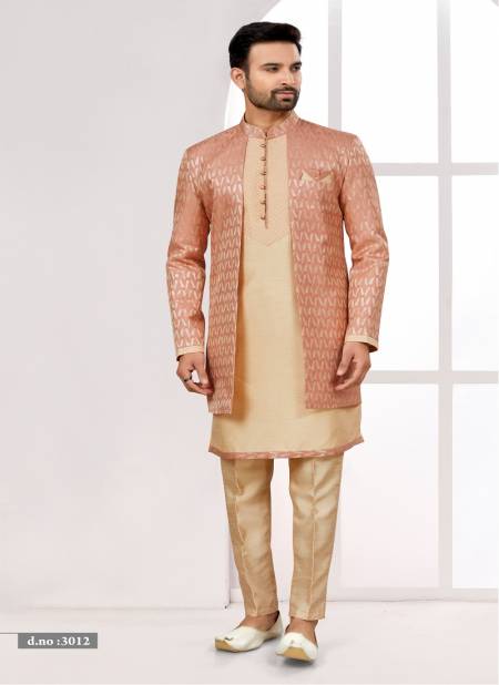 Orange and Gold Colour Party wear Indo Western Mens wear Catalog 3012