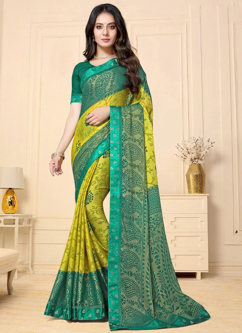 Parrot And Sea Green Colour Roopvati Brasso Hits Printed Wholesalr Chiffon Sarees 24556