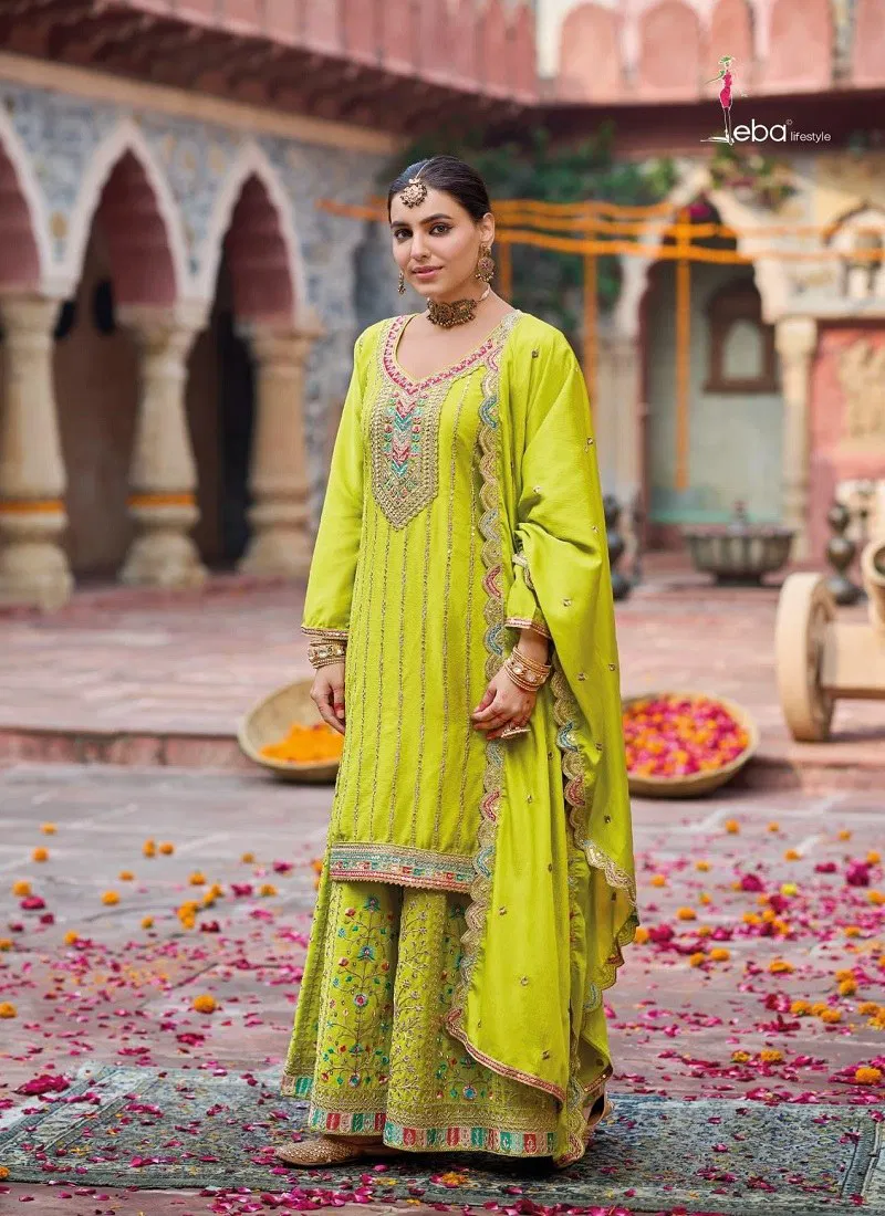 Parrot Green Colour Sehenaaz By Eba Chinon Embroidered Ready Made Suits Suppliers In India 1793