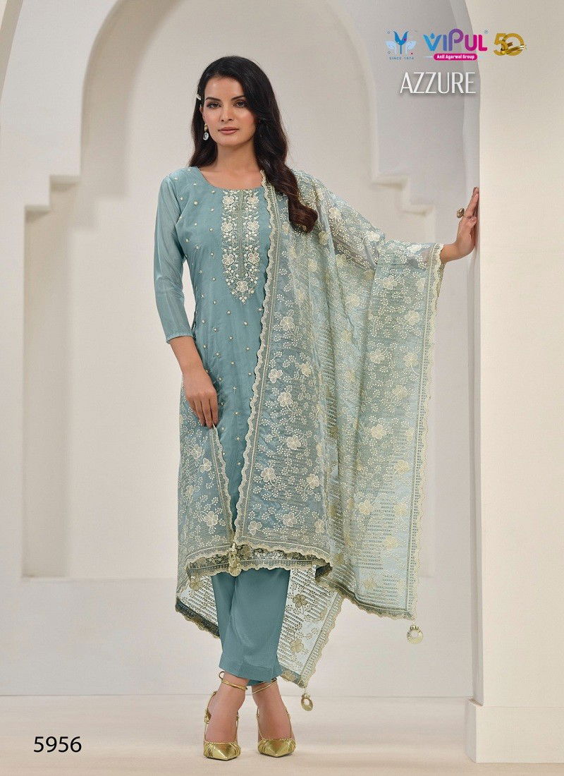 Pastel Blue Colour Azzure By Vipul Soft Organza Embroidery Bulk Salwar Kameez Wholesalers In Delhi 5956