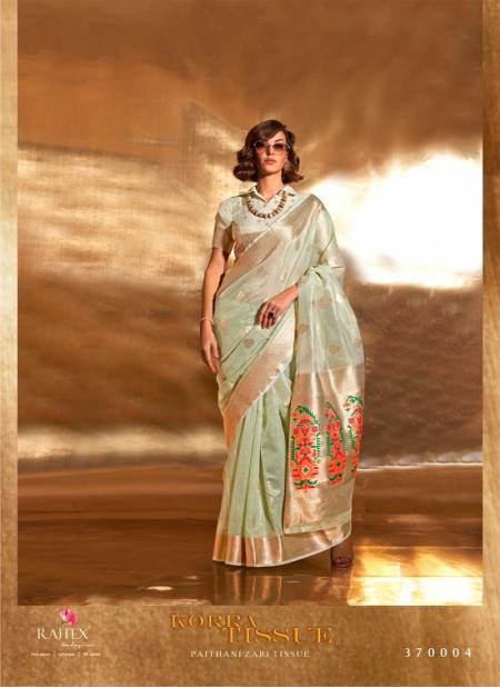 Pastel Green Colour Korra Tissue By Rajtex 370001 To 370006 Paithani Zari Wedding Sarees Wholesale Shop In Surat 370004