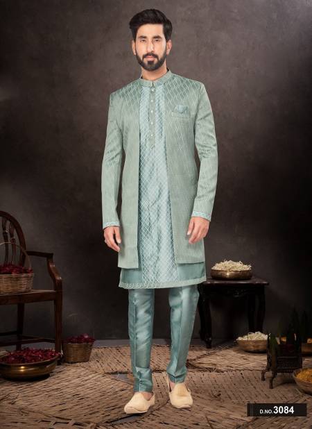 Pastel Grey Colour GS Fashion Party Wear Mens Designer Indo Western Wholesale Clothing Distributors In India 3084