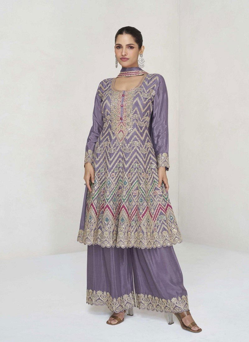 Pastel Purple Colour Vaani By Aashirwad Designer Chinon Silk Readymade Suits Exporters In India 10030