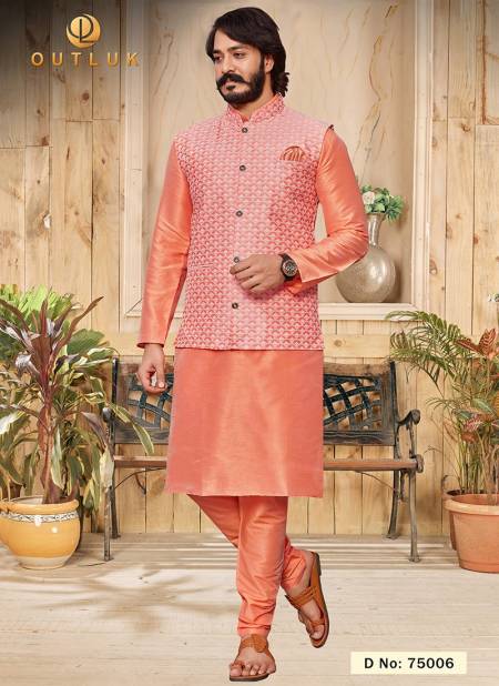 Shop Jacquard Cream and Peach Kurta Payjama With Jacket Online : 239692 -