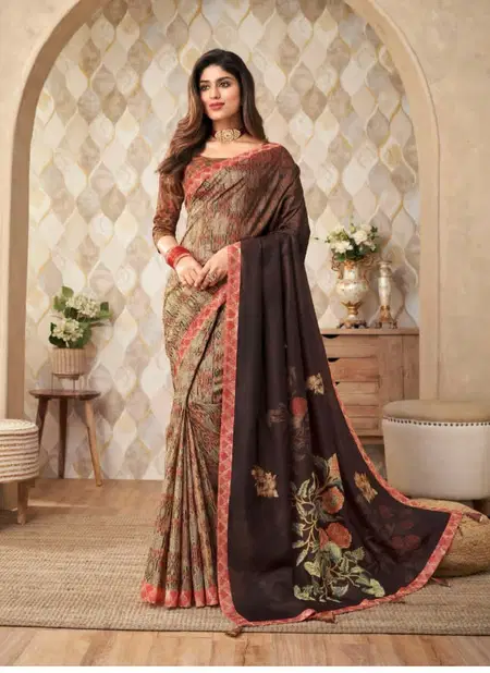 Peach And Brown Colour Tulip Vol 4 By Anmol Printed Saree Catalog 405 Catalog