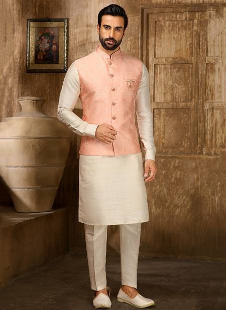 Peach And Cream Colour Festival Wear Wholesale Kurta Pajama With Jacket Collection 1358