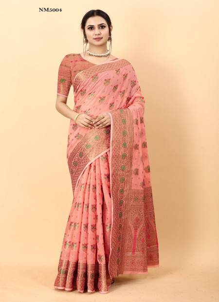 Peach And Gold Colour NM5001 To NM5006 Fashion Berry Soft Cotton Silk Printed Saree Wholesalers In Delhi NM5004