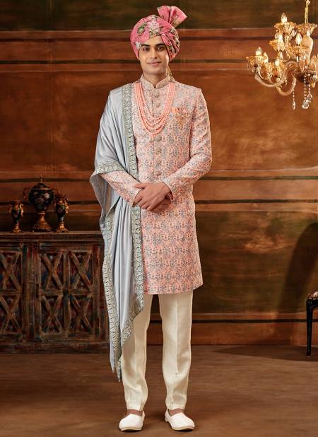 Peach And Gray Colour Designer Exclusive Wear Wholesale Sherwani Catalog 1032