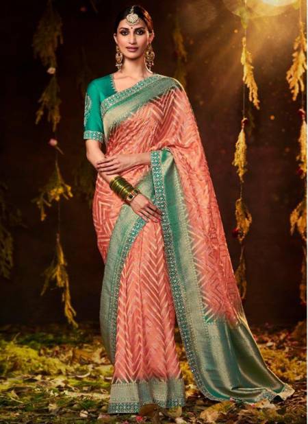 Peach And Green Colour Bandhej Festive Wear Wholesale Silk Sarees Catalog 161