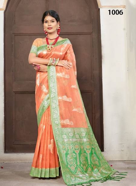 Peach And Green Colour Vibhor By Sangam Cotton Saree Catalog 1006