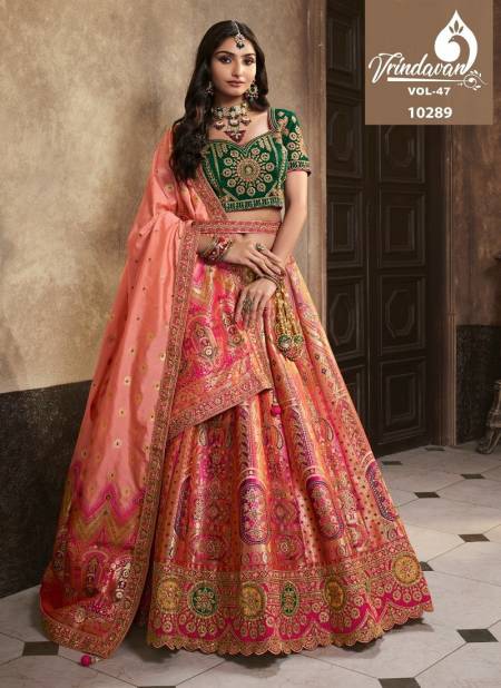 Peach And Green Multi Colour Vrindavan Vol 39 By Royal Banarasi Silk Designer Lehenga Choli Manufacturers 10289