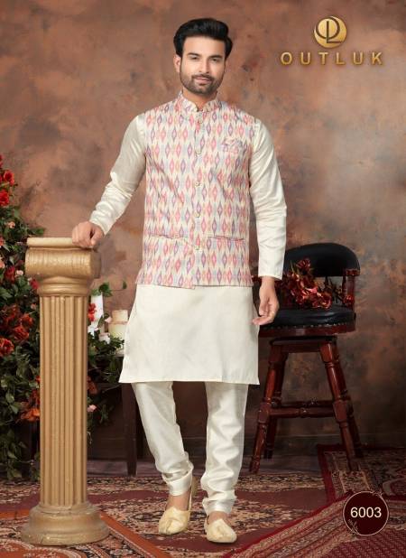 Peach And Multi Colour Outluk Wedding Collection Vol 6 Mens Wear Modi Jacket Kurta Pajama Catalog 6003