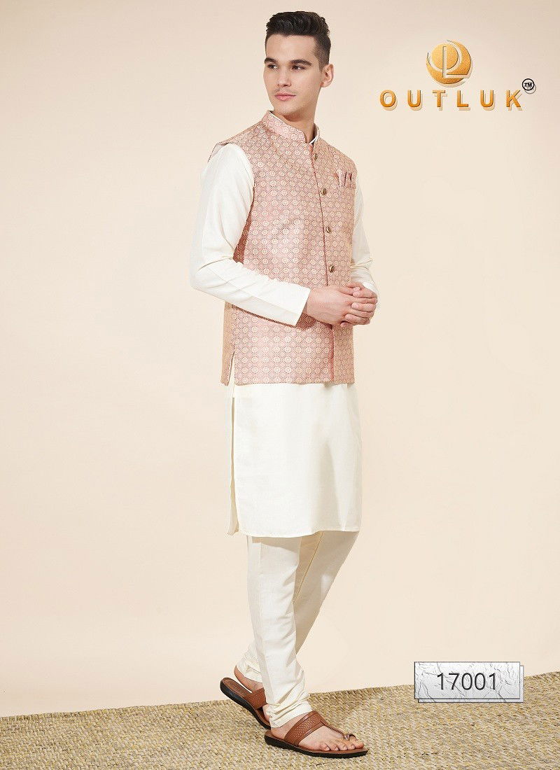 Peach And Off White Colour Outluk Wedding Collection Vol 17 Jaquard Mens Modi Jacket Kurta Pajama Exporters In India 17001