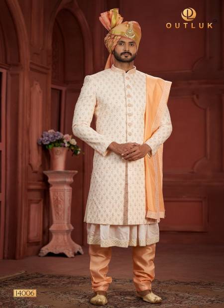 Peach And Orange Colour Outluk Wedding Collection Vol 14 Pure Silk Mens Wear Sherwani Wholesale Online 14006