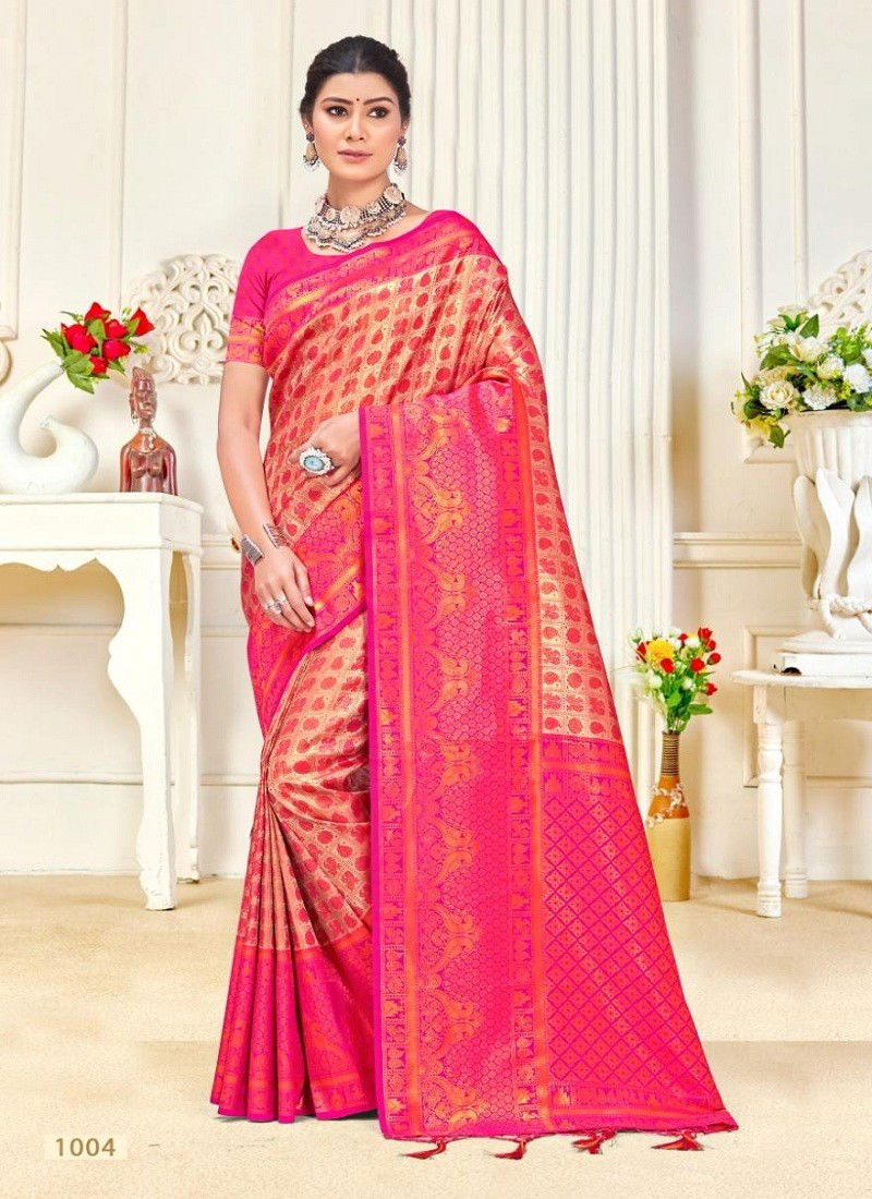 Peach And Pink Colour Kalanidhi Vol 4 By Bunawat Wedding Wear Kanjivarm Silk Wholesale Sarees In India 1004