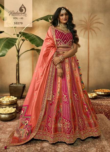 Peach And Pink Colour Vrindavan Vol 45 By Royal Banarasi Silk Bridal Lehenga Choli Wholesale Online 10279