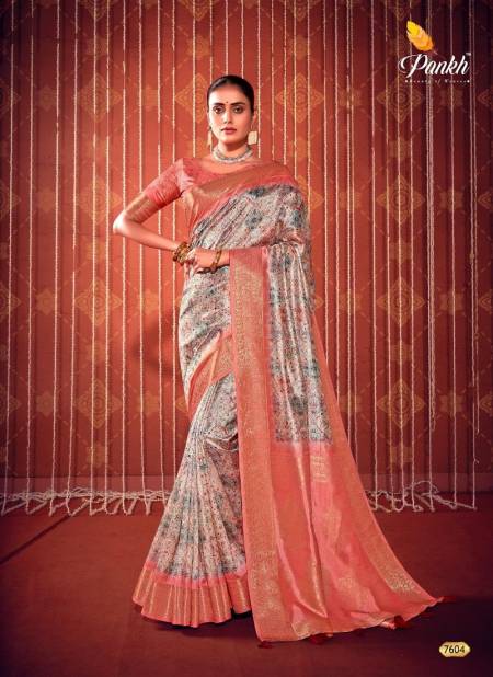 Peach And Silver Colour Swastik By Pankh Digital Printed Designer Saree Catalog 7604