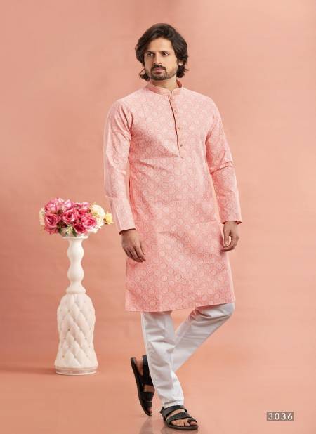 Peach And White Colour Function Mens Wear Printed Cotton Stright Kurta Pajama Suppliers In India 3036