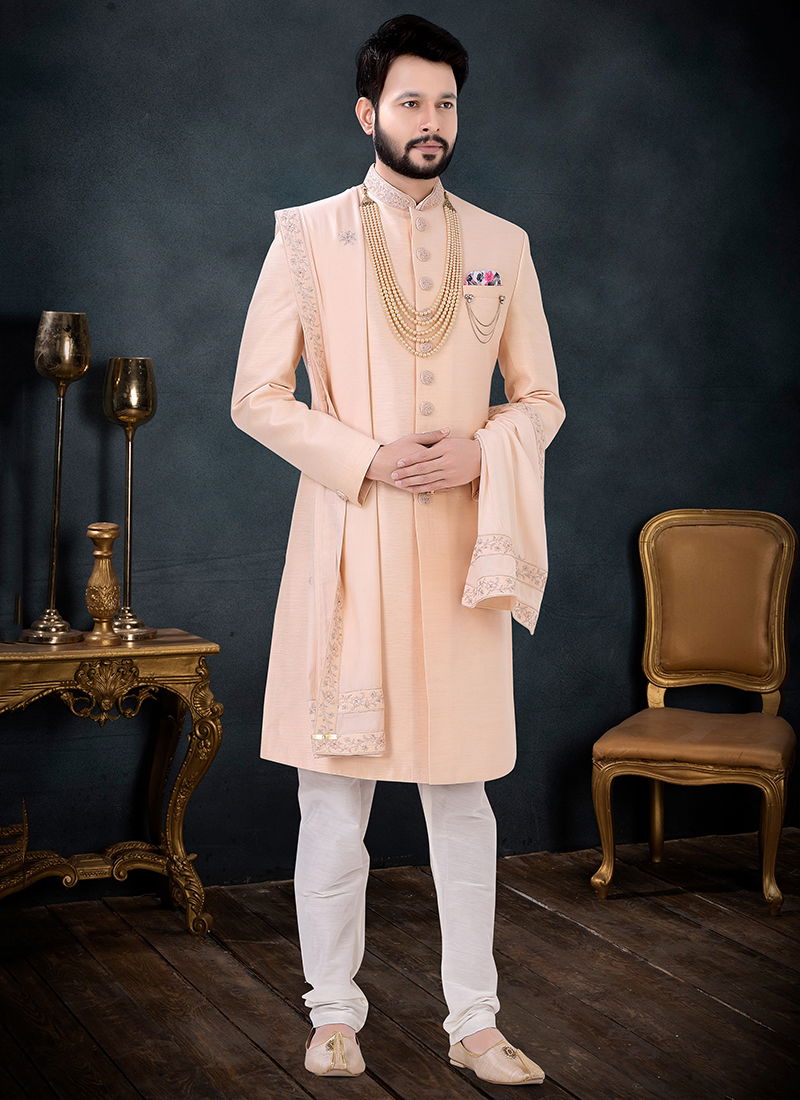 Peach And White Wedding Wear Mens Wholesale Indo Western 1694