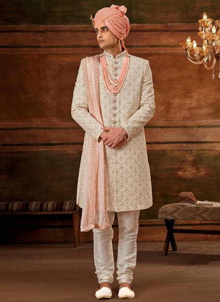 Peach And White Designer Exclusive Wear Wholesale Sherwani Catalog 1021